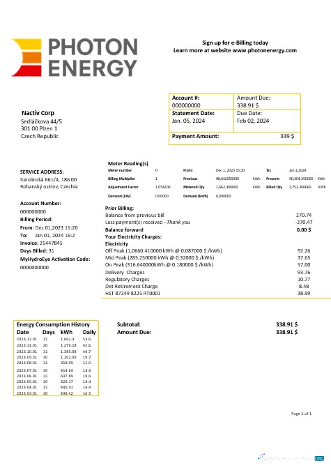 Czech Republic Photon Energy business utility bill template in Word and pdf formats